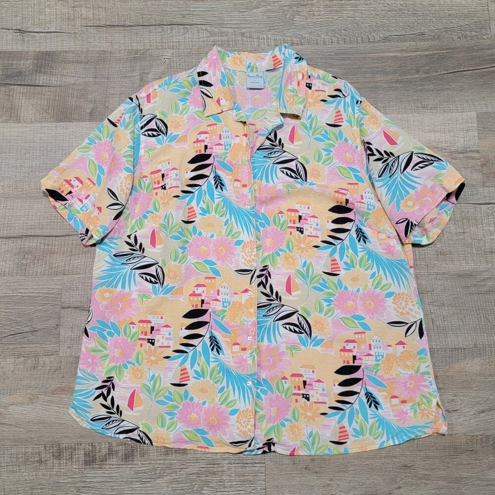 Cascade Blues Linen Hawaiian Button Up Shirt‎ 1X Tropical Colorful Bright Floral